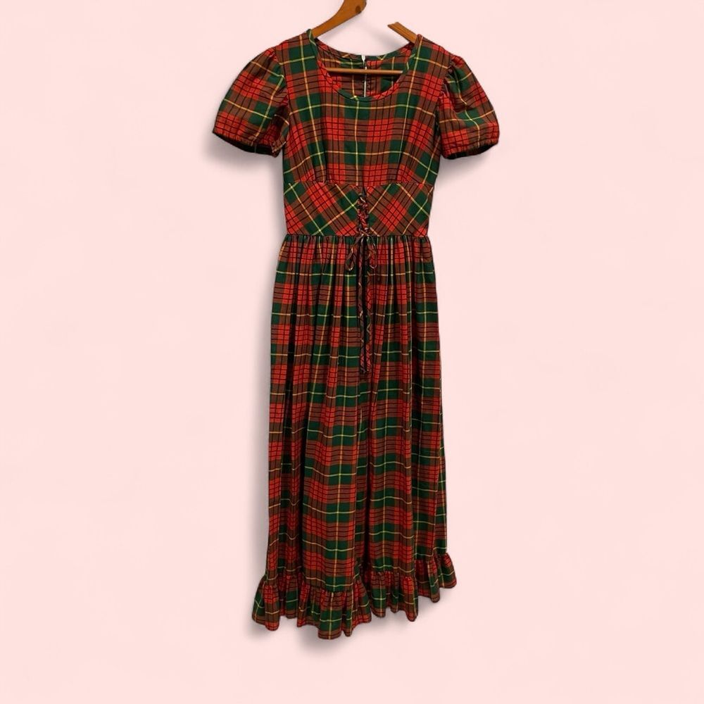 Vintage 60’s-70’s Sears Jr. Bazaar red green corset waist maxi ruffle dress